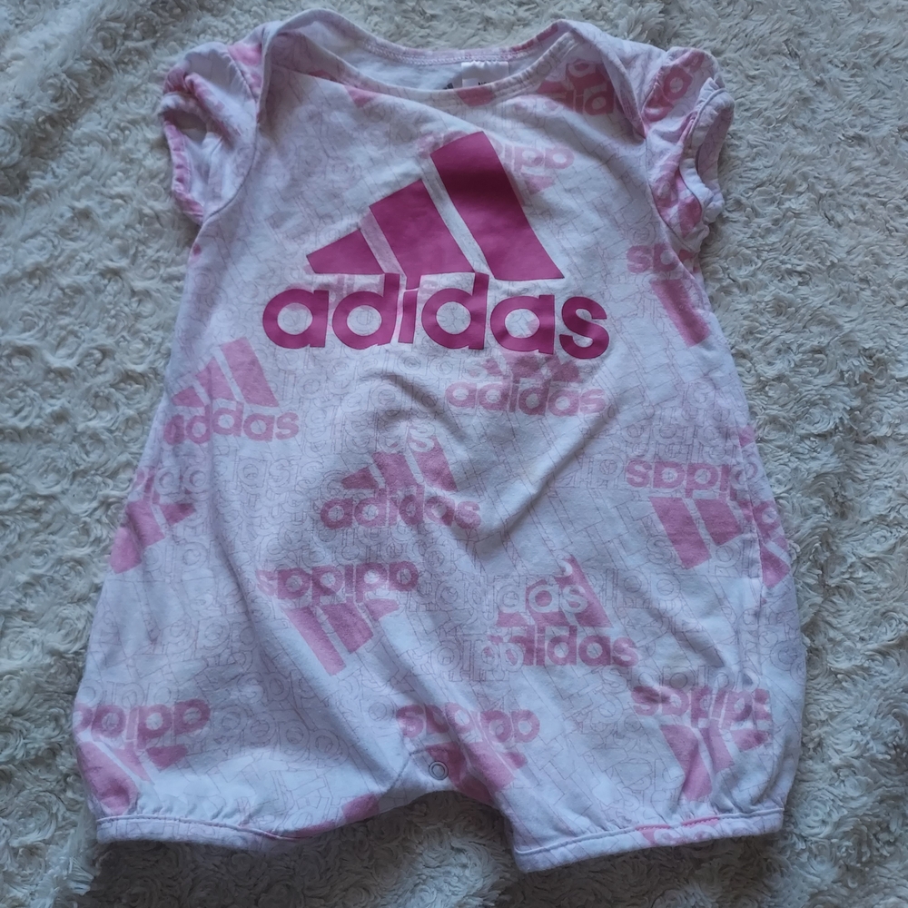 Adidas Logo Baby Romper 12mo Soft Pink and White Sporty Athletic Girly